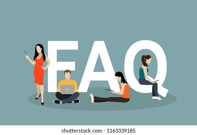 Frequently asked questions concept illustration of young people standing near letters and using smart phone, laptop and digital tablet. Flat women and men with letters symbols faq on white background