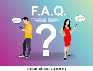 Frequently asked questions concept illustration of young people standing near letters and using smart phone, laptop and digital tablet. Flat women and men with letters symbols faq on blue background