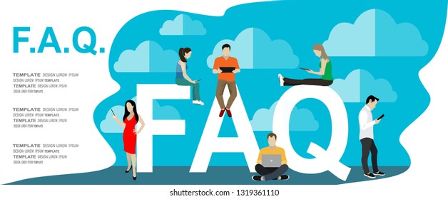 Frequently asked questions concept illustration of young people standing near letters and using smart phone, laptop and digital tablet. Flat women and men with letters symbols faq on blue background 