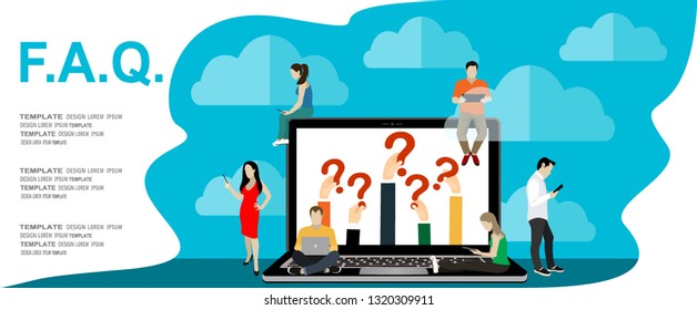 Frequently asked questions concept illustration of young people standing near laptop and using smart phone, laptop and digital tablet. Flat women and men with letters symbols faq on blue background