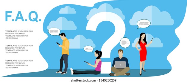 Frequently asked questions concept illustration of young people standing near letters and using smart phone, laptop and digital tablet. Flat women and men with big question mark on purple background 