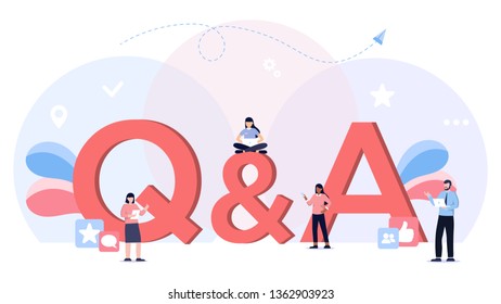 Frequently asked questions concept illustration of young people standing near letters and using smart phone, laptop and digital tablet. Flat women and men with letters symbols faq on blue background