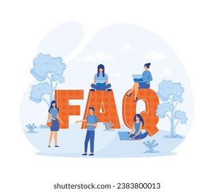 Frequently asked questions concept illustration of young people standing near letters and using smart phone, laptop and digital tablet. flat vector modern illustration