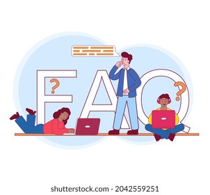 Concepto de preguntas frecuentes. Hombres y Mujeres con Gadget Junto a las grandes letras FAQ. Usuarios que buscan respuestas y soluciones al problema. Dibujo vectorial plano de dibujos animados aislado en fondo blanco