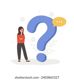 Concepto de preguntas frecuentes. Mujer musulmana con un gran signo de interrogación busca respuestas. Asistencia al cliente y servicio de ayuda en línea. Preguntas frecuentes y guías. Ilustración vectorial al estilo de las caricaturas planas.