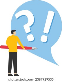Concepto de preguntas frecuentes. Personaje de la gente parado cerca del signo de exclamación y del signo de interrogación. los hombres hacen preguntas y reciben respuestas. Icono de vector de dibujos animados planos y conjunto de ilustraciones.

