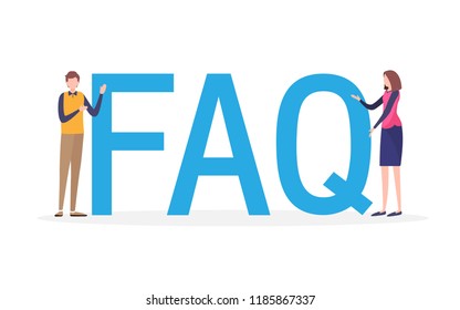 Frequently asked questions concept.  People's with big letter word. Flat cartoon miniature  illustration vector graphic on white background.
 landing page for website.