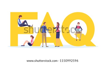 Frequently asked questions concept.  People's with big letter word. Flat cartoon miniature  illustration vector graphic on white background.
 landing page for website.