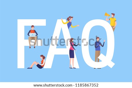 Frequently asked questions concept.  People's with big letter word. Flat cartoon miniature  illustration vector graphic on white background.
 landing page for website.