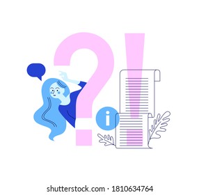 Häufig gestellte Fragen Konzept mit Fragezeichen, verwirrtes Mädchen fragend, was zu tun Cartoon flachen Charakter einzeln auf weißem Hintergrund. Vektorgrafik-Illustration.