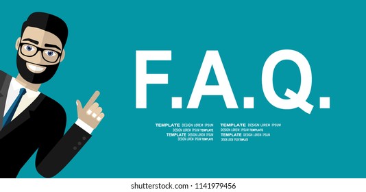 Frequently asked questions concept vector illustration of young smiling man gesturing hands to letters faq.