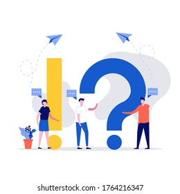 Frequently asked questions concept. Young woman and man with question and answer. People characters standing near exclamations and questions marks. Modern vector illustration in flat style.