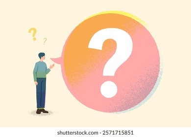 Frequently Asked Questions concept. Young man standing next to large question mark, thinking and looking for solution to problem. Male character finds answers. Cartoon flat vector illustration