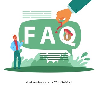 Preguntas frecuentes. Asesoramiento al cliente, consejos para resolver problemas, burbuja de habla con letras, gente pequeña. Plataforma de comunicación por Internet, concepto de llanura de caricatura por vector FAQ