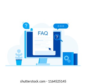 Frequently asked questions FAQ banner. Computer with question icons, search answers. Modern flat style vector illustration.