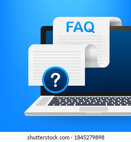 Banner de preguntas frecuentes. Ordenador con iconos de preguntas. Ilustración vectorial.