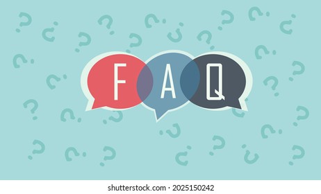 Frequently asked questions FAQ banner in speech bubbles. Question marks on the background.