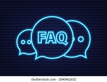 Banner de preguntas frecuentes. Icono de Neon. Ordenador con iconos de preguntas. Ilustración vectorial.