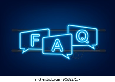 Frequently asked questions FAQ banner. Neon icon. Computer with question icons. Vector illustration