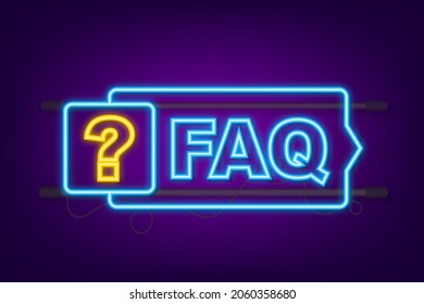 Frequently asked questions FAQ banner. Neon icon. Computer with question icons. Vector illustration