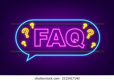 Frequently asked questions FAQ banner. Neon icon. Computer with question icons. Vector illustration.