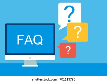Frequently asked questions FAQ banner. Computer with question icons. Vector flat illustration