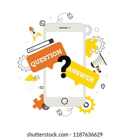 Frequently asked questions. FAQ  concept.  Modern flat illustration with smartphone . Help and assistance. Online technical support center.