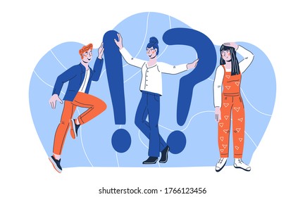 Frequently asked questions FAQ concept illustration of young people near exclamation and question mark symbol. Answer and solution, provision of information to customers. Cartoon vector illustration. 