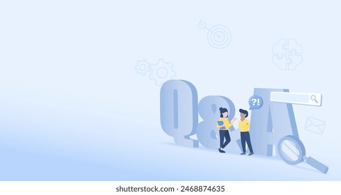 Frequently asked questions (FAQ) concept. Big symbol letter “Q” and “A” represent question, answer. Teamwork, searching, give opinions. Flat vector design illustration with copy space.