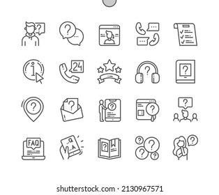 Frequently asked questions. FAQ. Online support. Information. Call center. Pixel Perfect Vector Thin Line Icons. Simple Minimal Pictogram