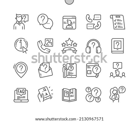 Frequently asked questions. FAQ. Online support. Information. Call center. Pixel Perfect Vector Thin Line Icons. Simple Minimal Pictogram