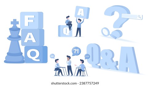 Preguntas más frecuentes (FAQ) juego de caracteres QA. Confundido, buscado, hablando, reuniéndose, preguntando, respondiendo, encuestando, ayudando y apoyando el desarrollo de negocios. Ilustración de diseño de vector plano.