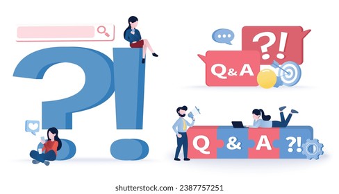 Frequently asked questions (FAQ) QA characters set. Big question mark symbol, exclamation point, searching, help, support, explore,  problem solving and support business development. 