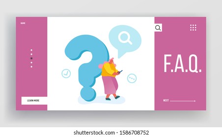 Frequently Asked Questions, Faq Website Landing Page. Young Woman Leaning on Huge Question Mark Searching Information in Internet Using Smartphone Web Page Banner. Cartoon Flat Vector Illustration