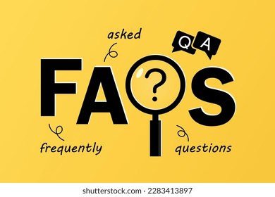 Frequently asked questions (FAQs) letters isolated on yellow background with magnifying glass symbol, searching for solutions, useful information, customer support, problem solving