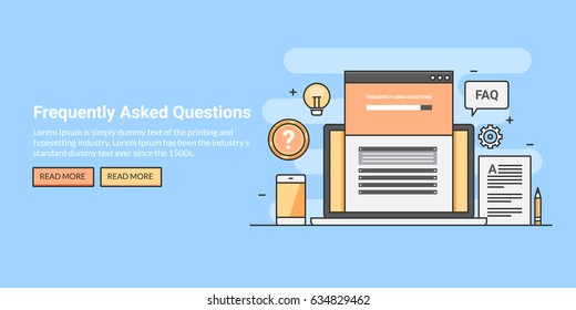 Frequently asked questions flat colorful line art vector banner with icons and texts isolated on blue background
