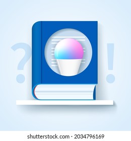 Frequently asked questions icon. Blue book with a bulb lamp inside. Tutorial concept. Web vector illustration in 3D style