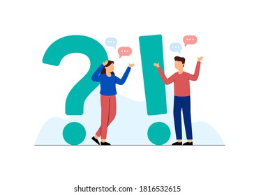 Frequently asked questions illustration concept, Man and woman standing near exclamations and question marks