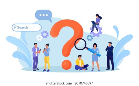 Frequently asked questions, information retrieval. Business people ask questions using laptop, phone. Group of woman and man look for answers around big question mark. Faq concept. Vector design