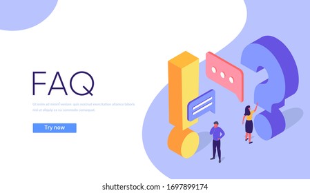 Frequently Asked Questions isometric illustration. Woman and Man Ask Questions and receive Answers. Flat Vector Illustration.