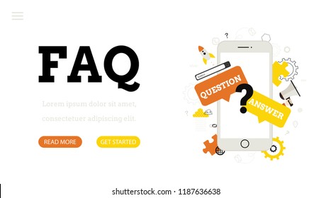 Frequently asked questions. Landing page template. Modern flat design concept of  FAQ web page  with smartphone.  Help and assistance. Online technical support.