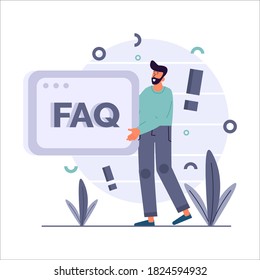 Frequently asked questions, man in casual clothing holding a big FAQ sign with exclamation marks in background vector illustration for website
