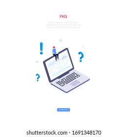 Frequently asked questions - modern isometric vector web banner on white background with copy space for text. A header with a male assistant working at the laptop with diagrams. FAQ, support theme