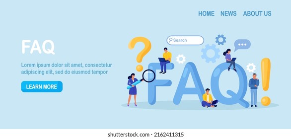 Frequently Asked Questions. People Standing near Giant FAQ, Exclamations and Question Marks. Clients Ask Questions, Search and Receive Answers. Help Information, Instruction. Online Support Center