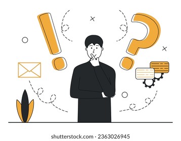 Frequently asked questions scene. FAQ concept.A character asks a question and receives an answer. Vector illustration.