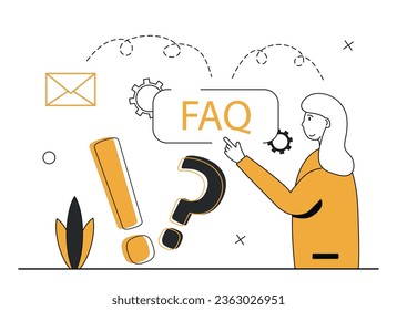 Häufig gestellte Fragen Szene. FAQ-Konzept.Ein Zeichen stellt eine Frage und erhält eine Antwort. Vektorgrafik.