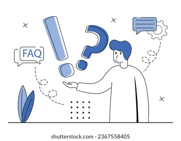 Escena de preguntas frecuentes. Concepto de FAQ.Un personaje hace una pregunta y recibe una respuesta. Ilustración vectorial.