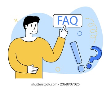 Häufig gestellte Fragen Szene. FAQ-Konzept.Ein Zeichen stellt eine Frage und erhält eine Antwort. Vektorgrafik.