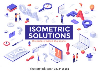 Frequently asked questions set - exclamation marks, interrogation points, people searching for solution. Collection of isometric design elements isolated on white background. Vector illustration. svg