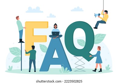 Häufig gestellte Fragen Vektorgrafik. Cartoon Gruppe von neugierigen kleinen Leuten, die FAQ-Briefe halten und Laptop benutzen, um auf der Suche nach Antwort, Lösung und Informationen zu helfen. Helpdesk-Konzept